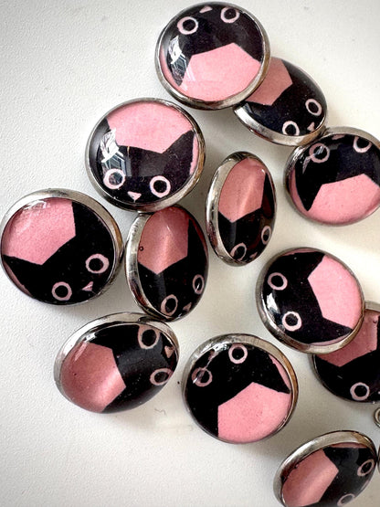 Buttons - Pink Kitties Design - Black Cat - 12mm Stainless Steel