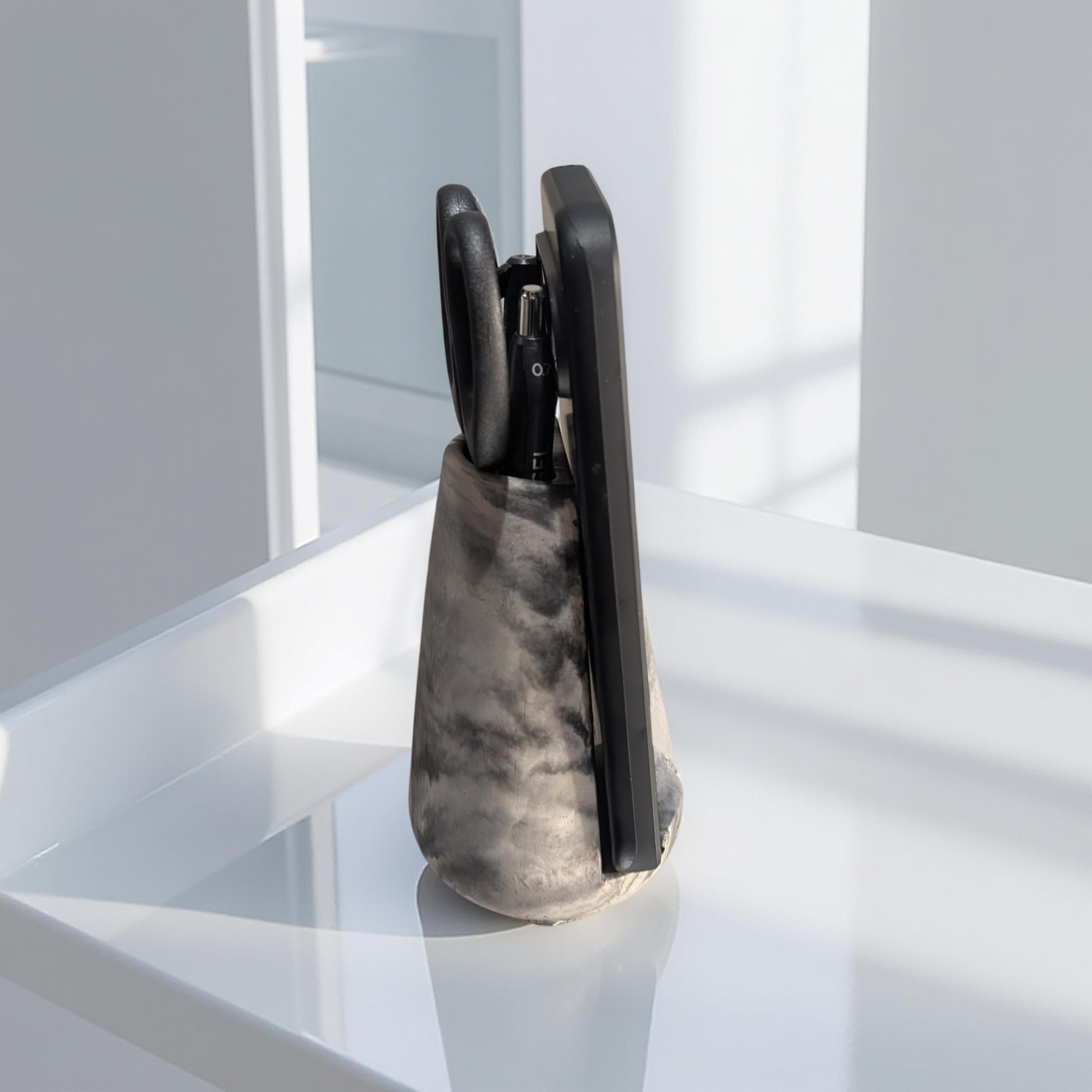 Modern Concrete Phone Stand &amp; Desk Organizer – Pen/Scissor Holder