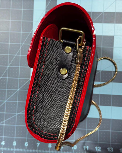 Designer Italian Black and Red Leather Purse with Gold Chain and Magnetic Closure