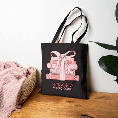 Sick Girls Book Club Tote Bag | Coquette Aesthetic Bookish Bag for Spoonie Book Lover | Chronic Illness Books &amp; Bow Gift Idea for Reader