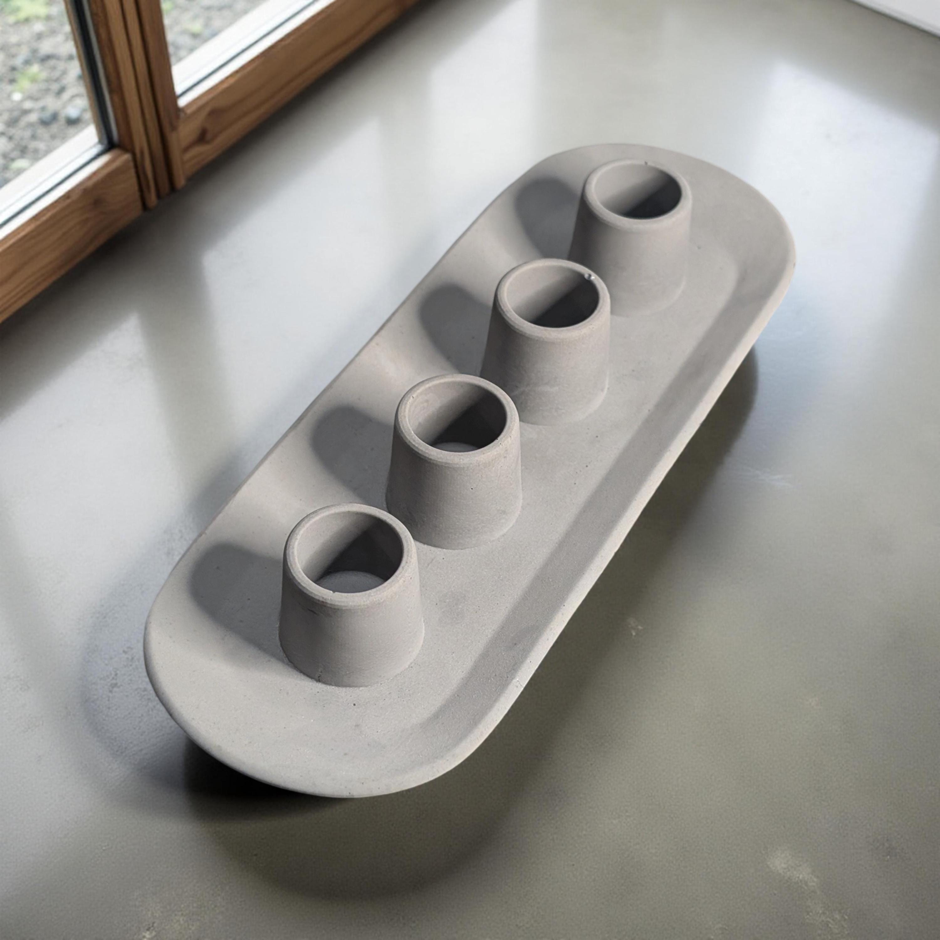 Long Concrete Taper Candle Holder | 4 Candle Minimalist Centerpiece | Modern Industrial Cement Candlestick Tray