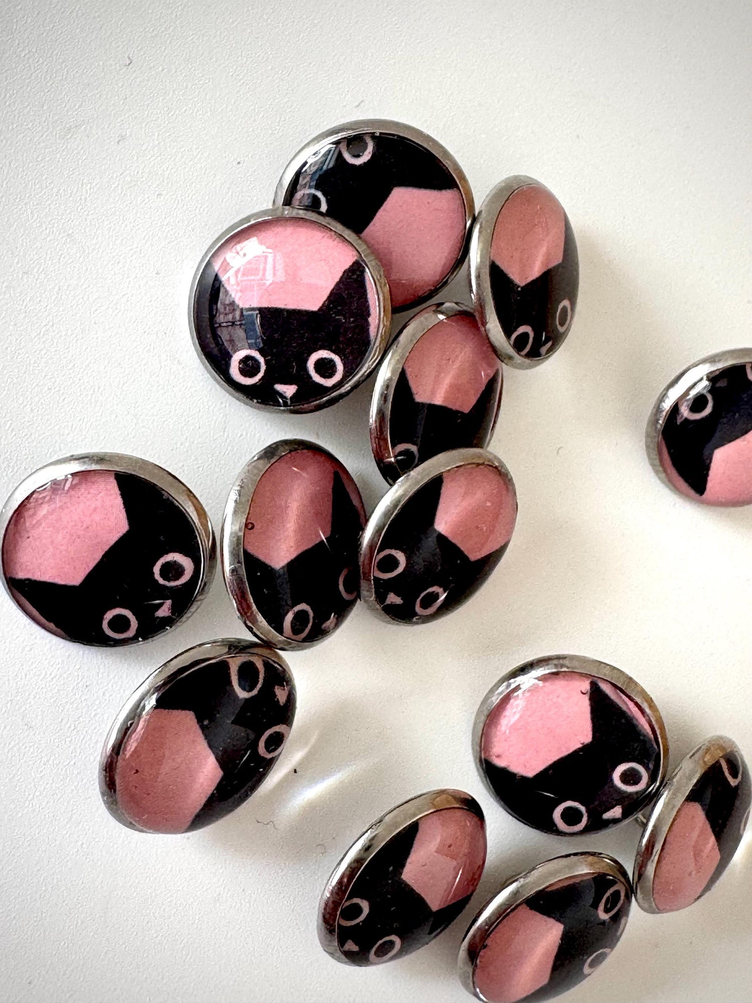 Buttons - Pink Kitties Design - Black Cat - 12mm Stainless Steel