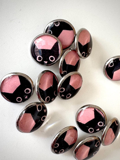 Buttons - Pink Kitties Design - Black Cat - 12mm Stainless Steel