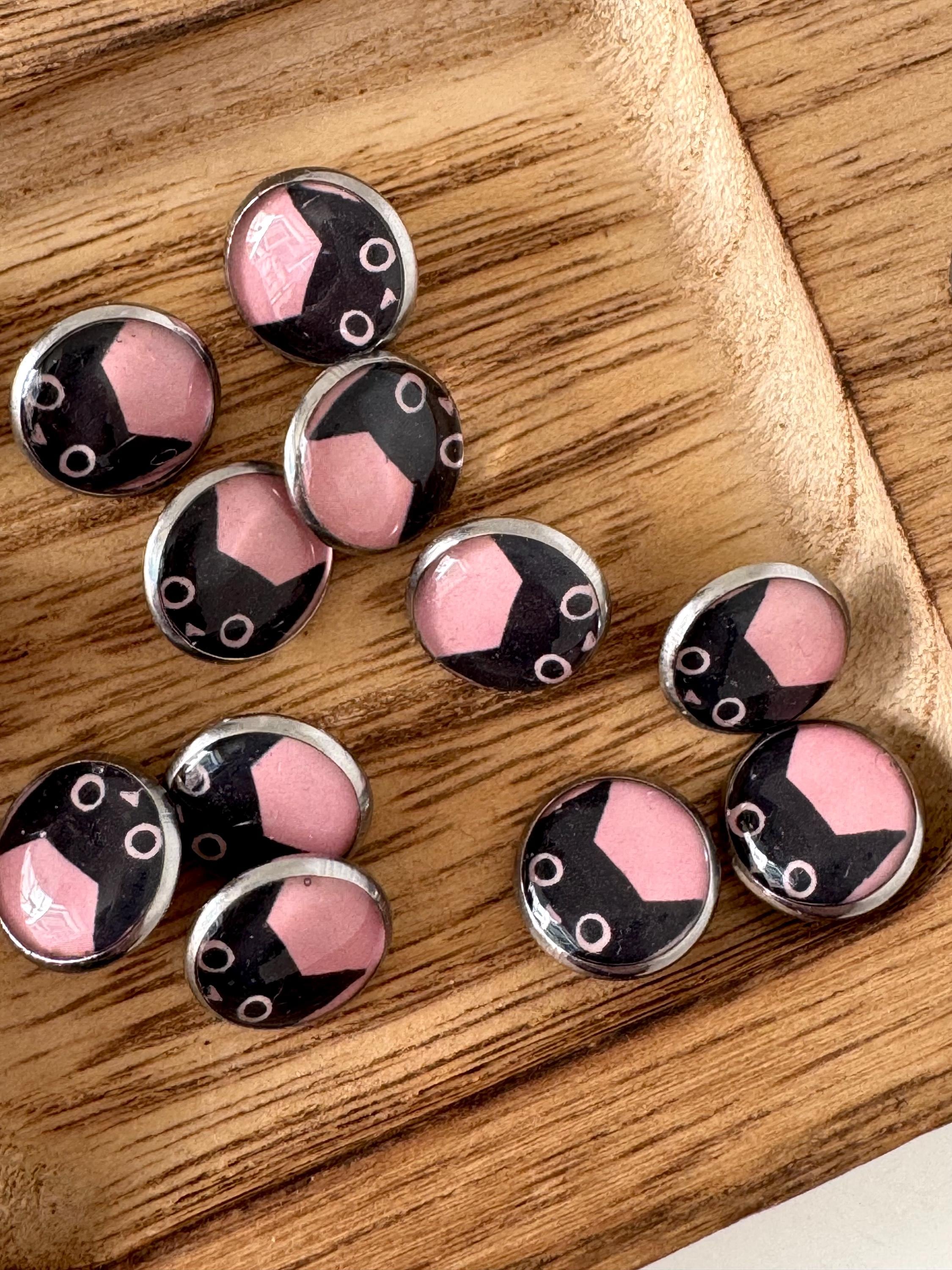 Buttons - Pink Kitties Design - Black Cat - 12mm Stainless Steel