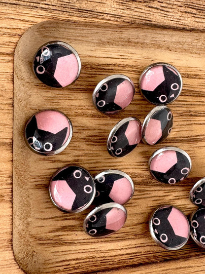 Buttons - Pink Kitties Design - Black Cat - 12mm Stainless Steel