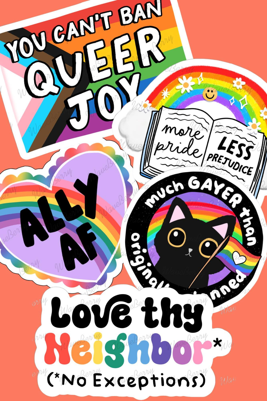 Pride Sticker Bundle, 5 LGBTQIA+ Ally Stickers, Queer Joy Rainbow Decals, 2 or 3 Inch, Clear or Holographic