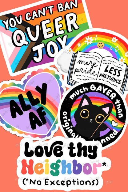 Pride Sticker Bundle, 5 LGBTQIA+ Ally Stickers, Queer Joy Rainbow Decals, 2 or 3 Inch, Clear or Holographic