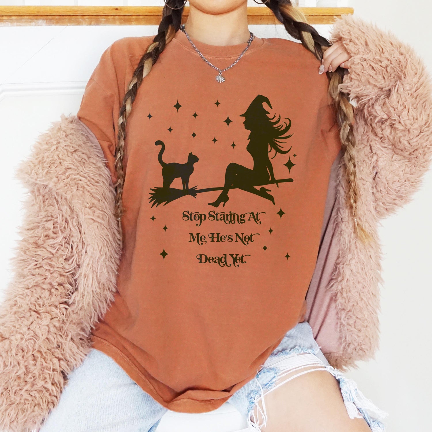 Witches on broomstick shirt, Funny Halloween shirt, Stop staring at me he&amp;