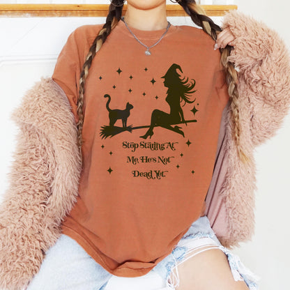 Witches on broomstick shirt, Funny Halloween shirt, Stop staring at me he&amp;