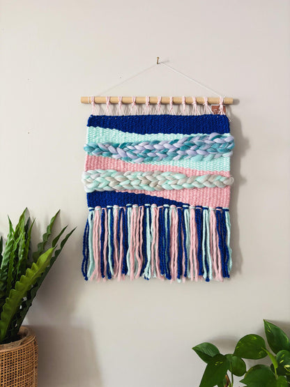 Blue Teal and Pink woven wall hanging, weaving, home decor, fiber art, boho, colorful