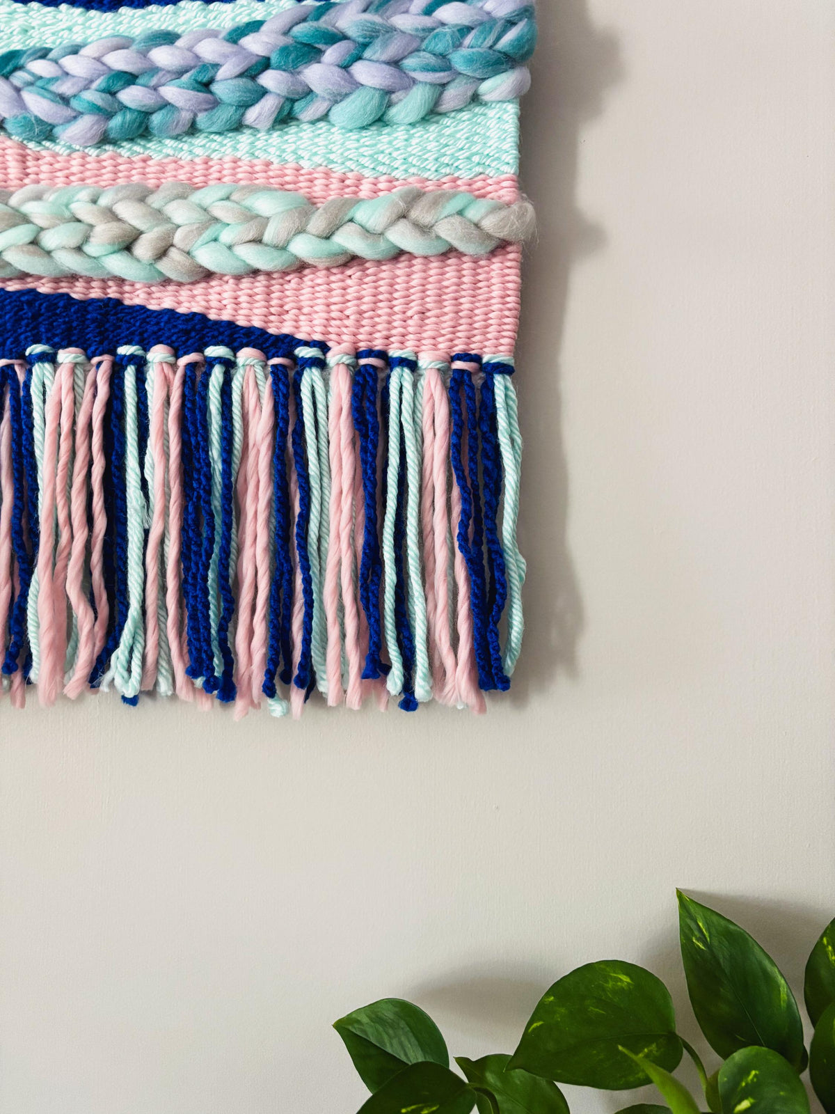 Blue Teal and Pink woven wall hanging, weaving, home decor, fiber art, boho, colorful