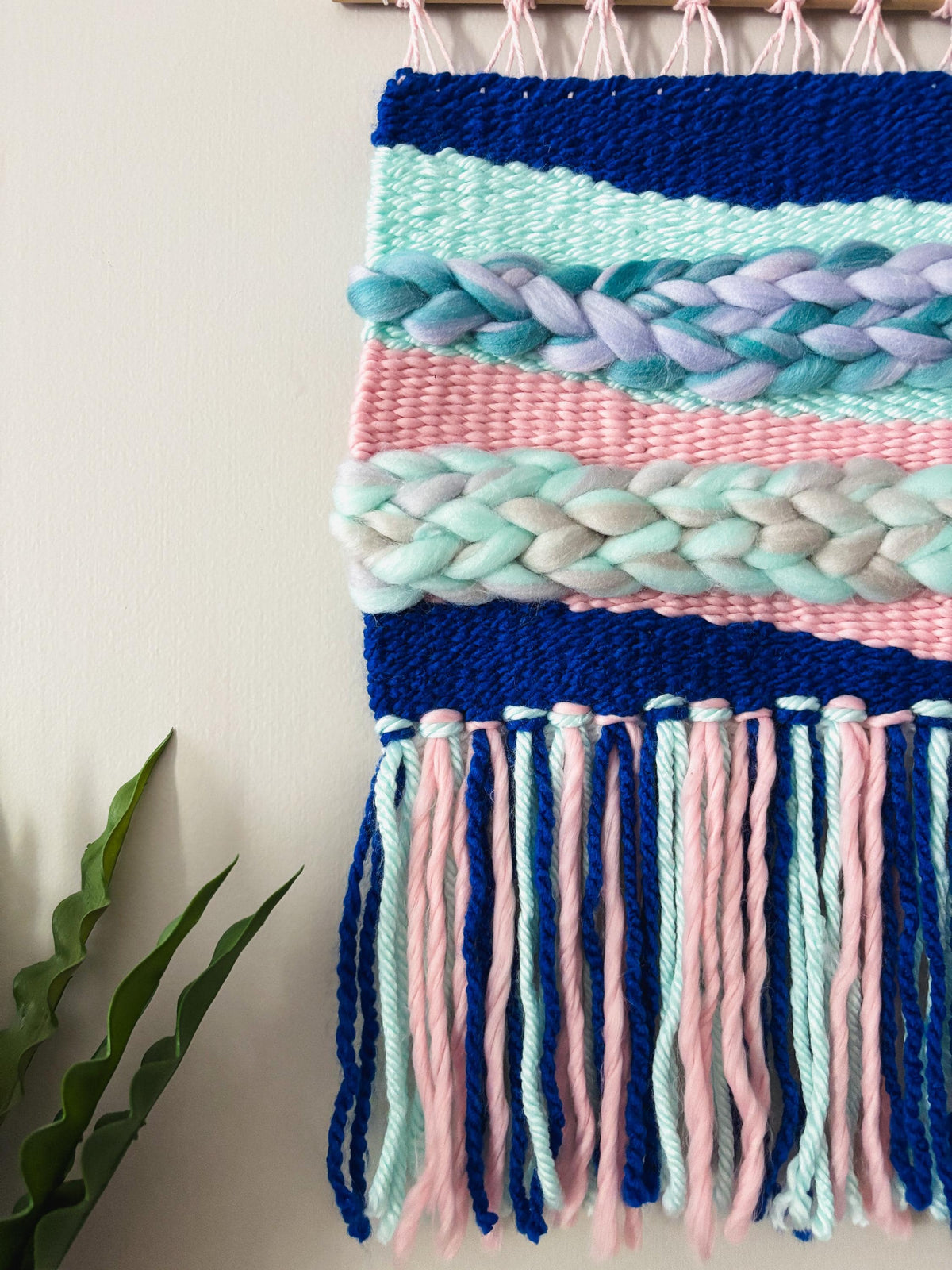 Blue Teal and Pink woven wall hanging, weaving, home decor, fiber art, boho, colorful