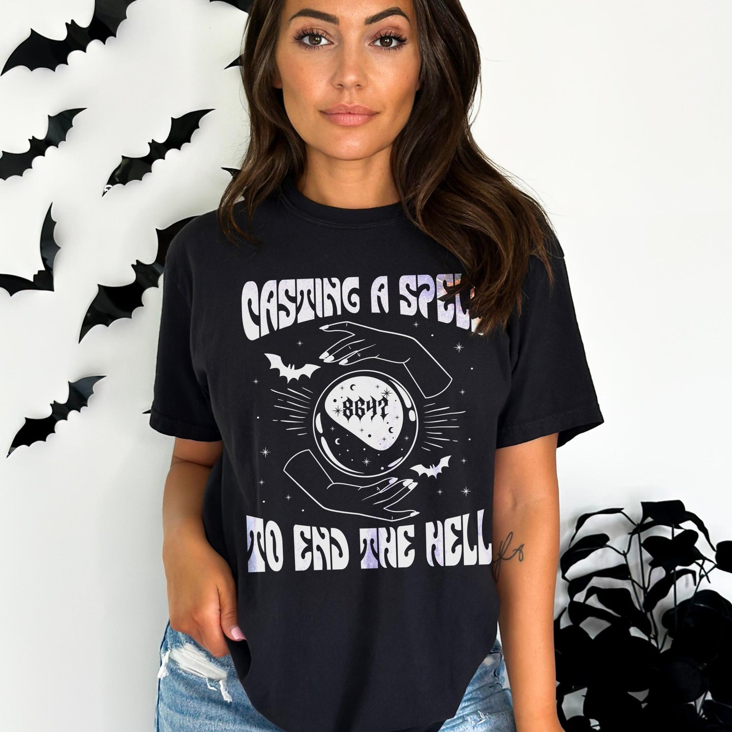 Witches Halloween Graphic Tee, Spooky Season Shirt, Casting A Spell To End The Hell Unisex T-Shirt, Gothic Shirt, Witchy Apparel