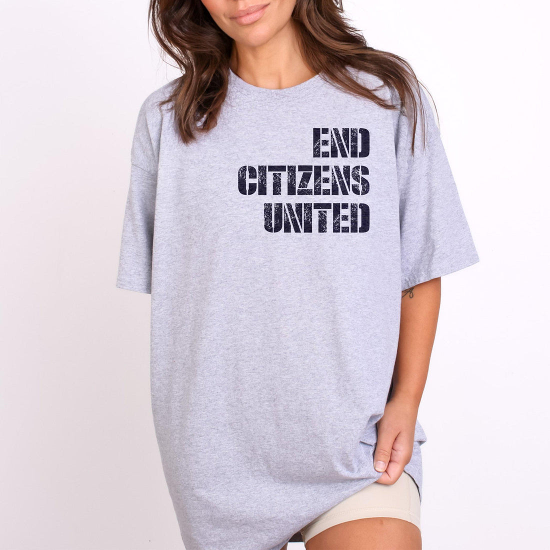 May include: A gray t-shirt with the text &amp;