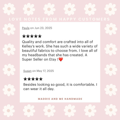 May include: A graphic featuring customer reviews for a handmade product. The reviews are displayed on a white background with a floral design, set against a muted pink backdrop. The text includes positive feedback and the shop&amp;