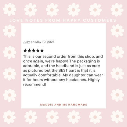May include: A graphic featuring customer reviews for a handmade product. The reviews are displayed on a white background with a floral design, set against a muted pink backdrop. The text includes positive feedback and the shop&amp;
