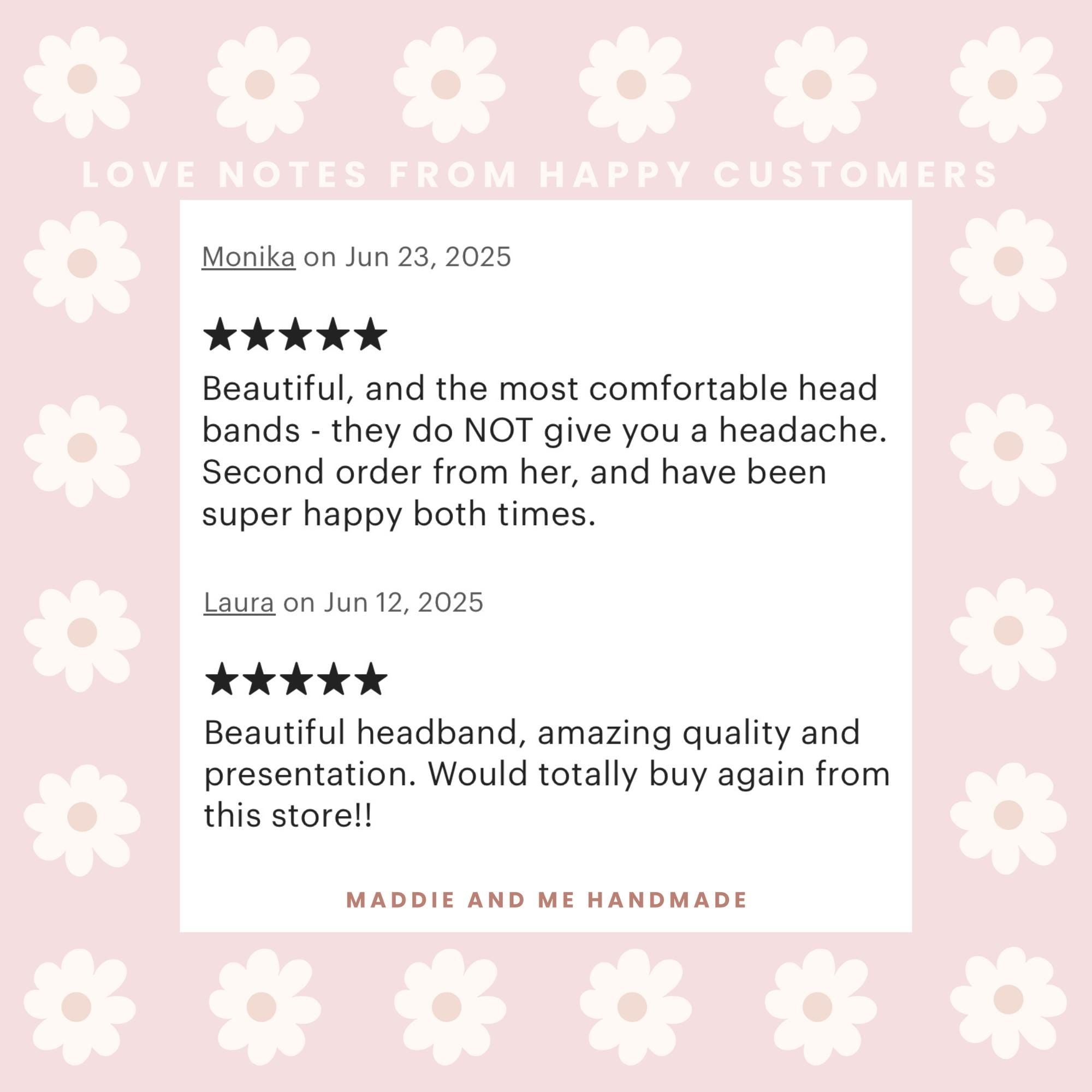 May include: A graphic featuring customer reviews for a handmade product. The reviews are displayed on a white background with a floral design, set against a muted pink backdrop. The text includes positive feedback and the shop&amp;