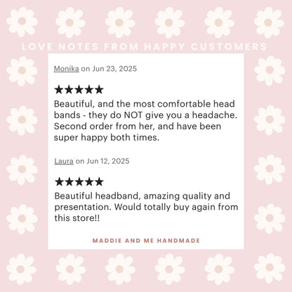 May include: A graphic featuring customer reviews for a handmade product. The reviews are displayed on a white background with a floral design, set against a muted pink backdrop. The text includes positive feedback and the shop&amp;