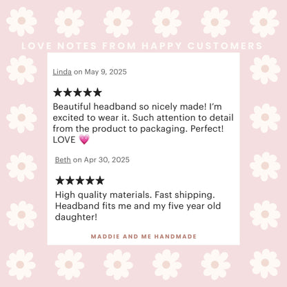 May include: A graphic featuring customer reviews for a handmade product. The reviews are displayed on a white background with a floral design, set against a muted pink backdrop. The text includes positive feedback and the shop&amp;
