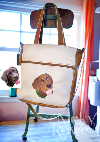 Pet Portrait Embroidered Tote handbag/ CrossBody Bag, Handmade - NO AI