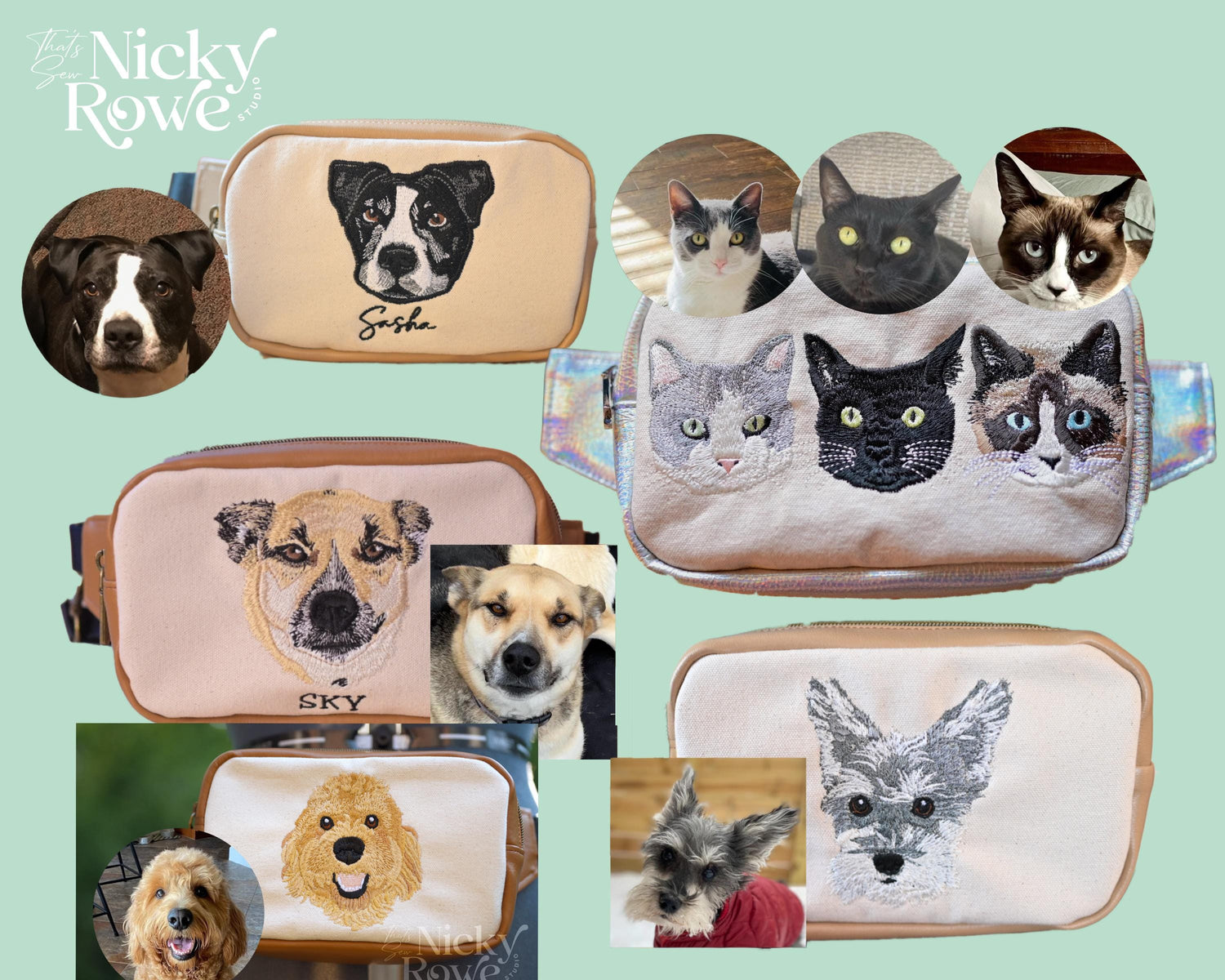 Pet Portrait Embroidered Tote handbag/ CrossBody Bag, Handmade - NO AI