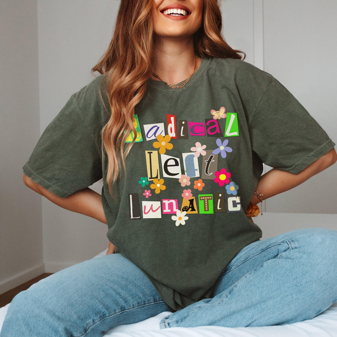 May include: A green t-shirt with the words &amp;