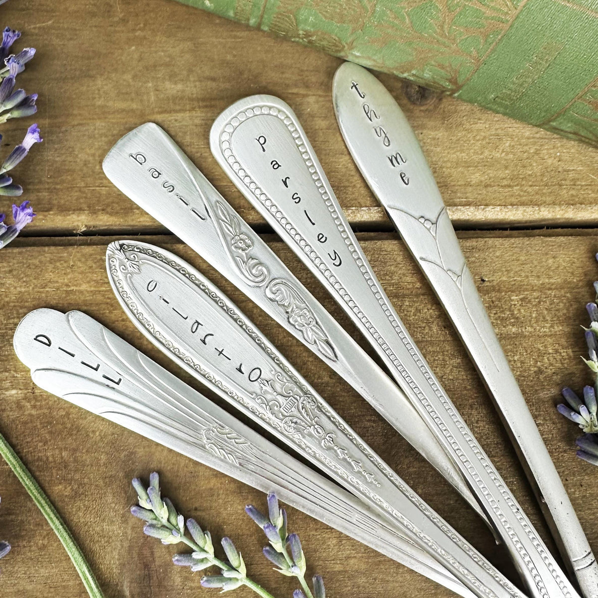 Hand Stamped Vintage Silverplate Garden Marker: Herb &amp; Veggie Plant Label