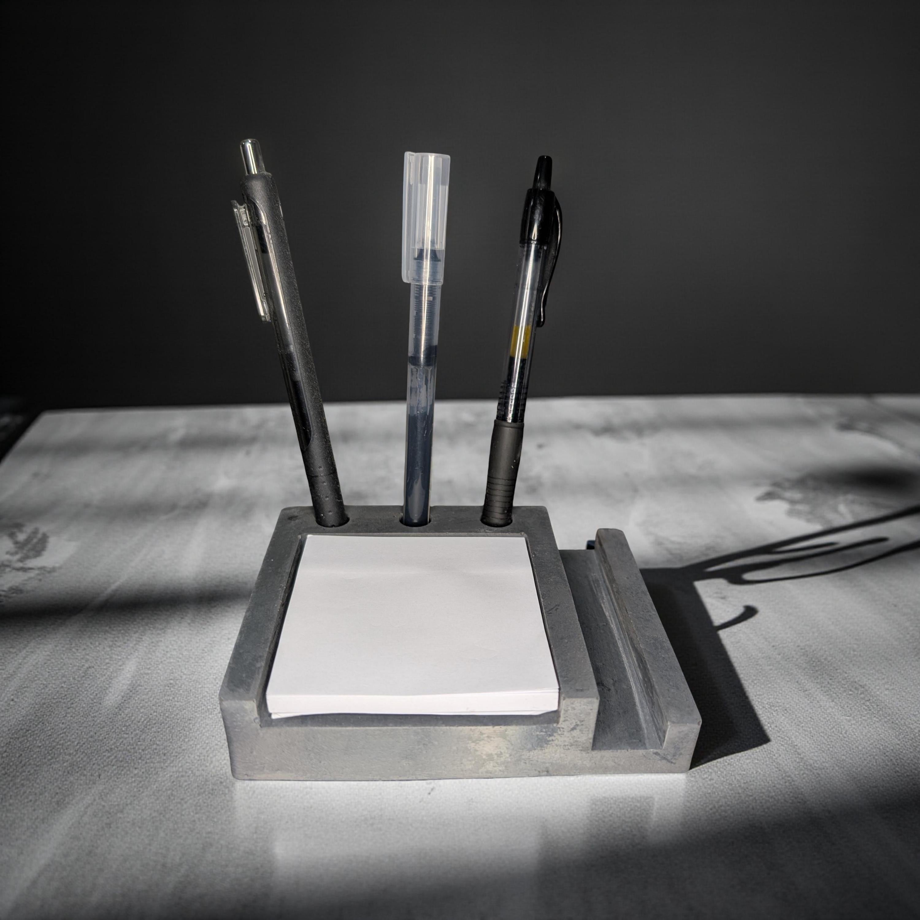 Concrete Desk Organizer | Pen Holder, Post-It Note Holder &amp; Phone Stand | Modern Minimalist Office Accessory