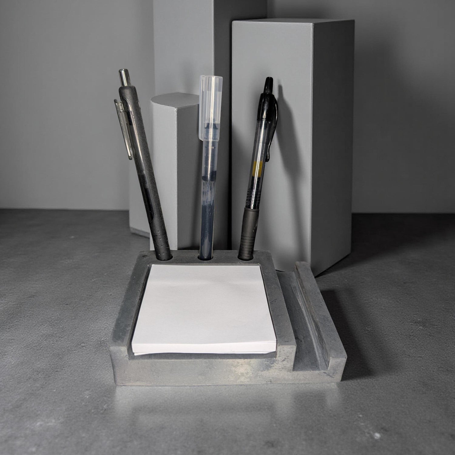 Concrete Desk Organizer | Pen Holder, Post-It Note Holder &amp; Phone Stand | Modern Minimalist Office Accessory