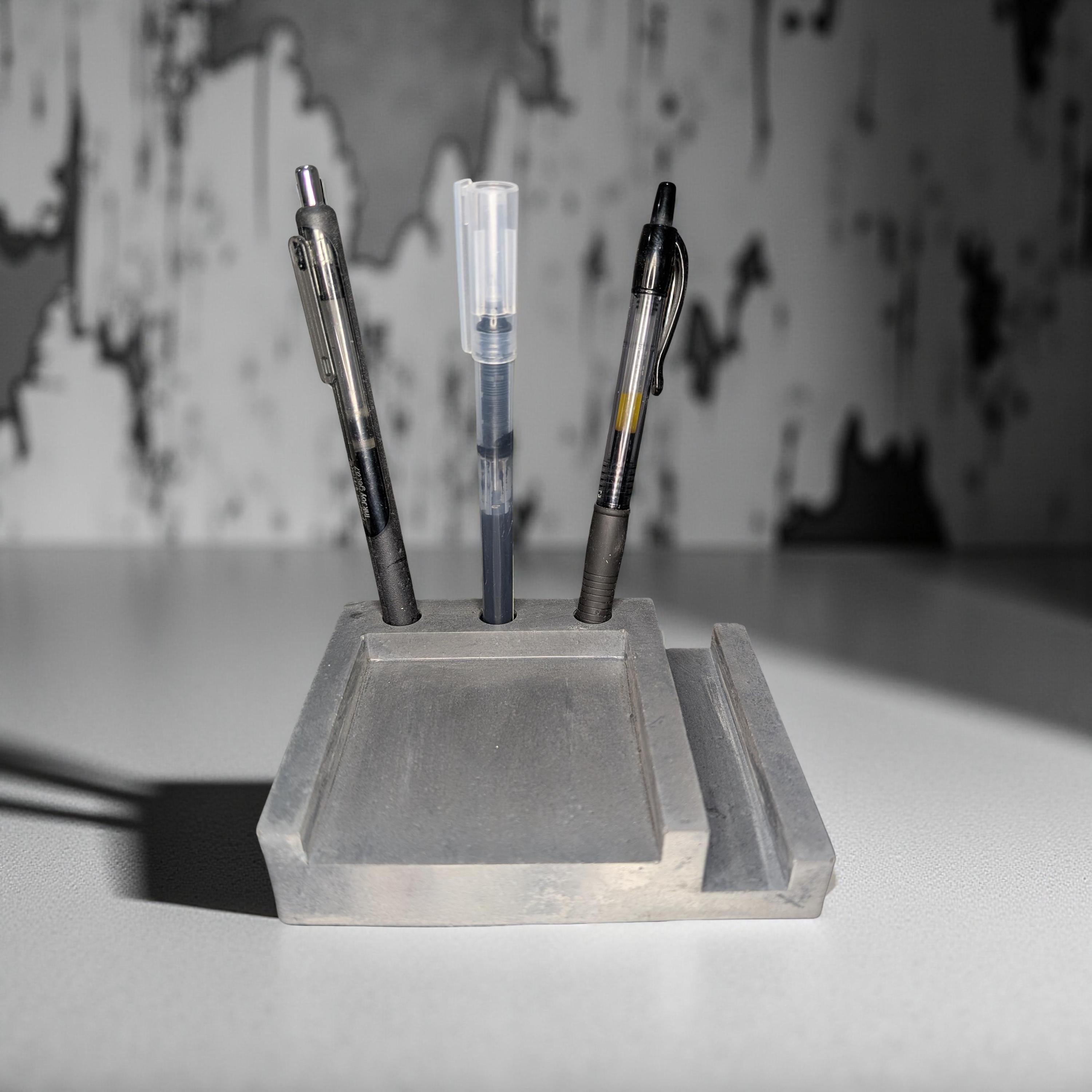 Concrete Desk Organizer | Pen Holder, Post-It Note Holder &amp; Phone Stand | Modern Minimalist Office Accessory