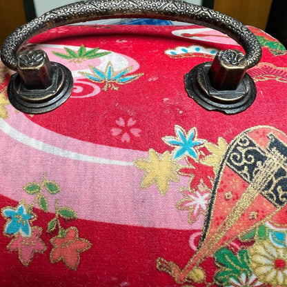 Upcycled Japanese Fabric Wine Carrier, Vintage Wood Box, Brass Hardware, Asian Gift