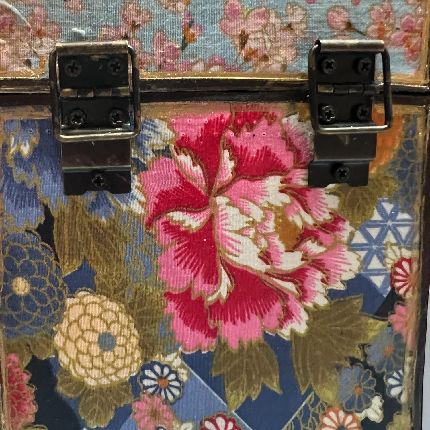 Upcycled Japanese Fabric Wine Carrier, Vintage Wood Box, Brass Hardware, Asian Gift