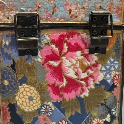 Upcycled Japanese Fabric Wine Carrier, Vintage Wood Box, Brass Hardware, Asian Gift