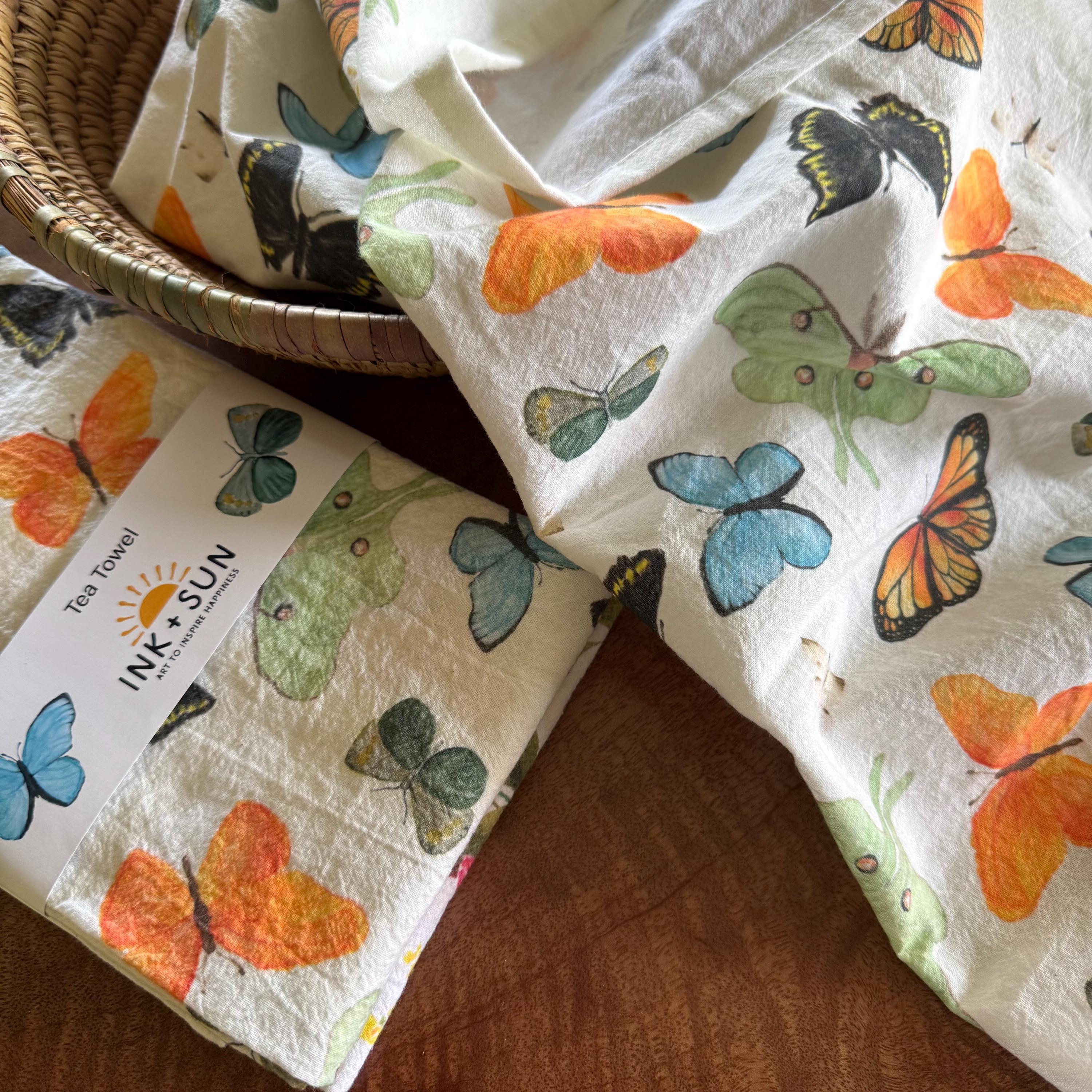Watercolor Butterfly Tea Towel: Large Cotton Kitchen Decor