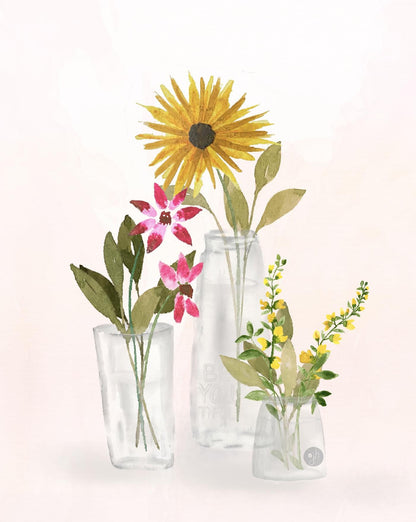 Yellow Wildflower Art Print: Watercolor Floral Vase Illustration