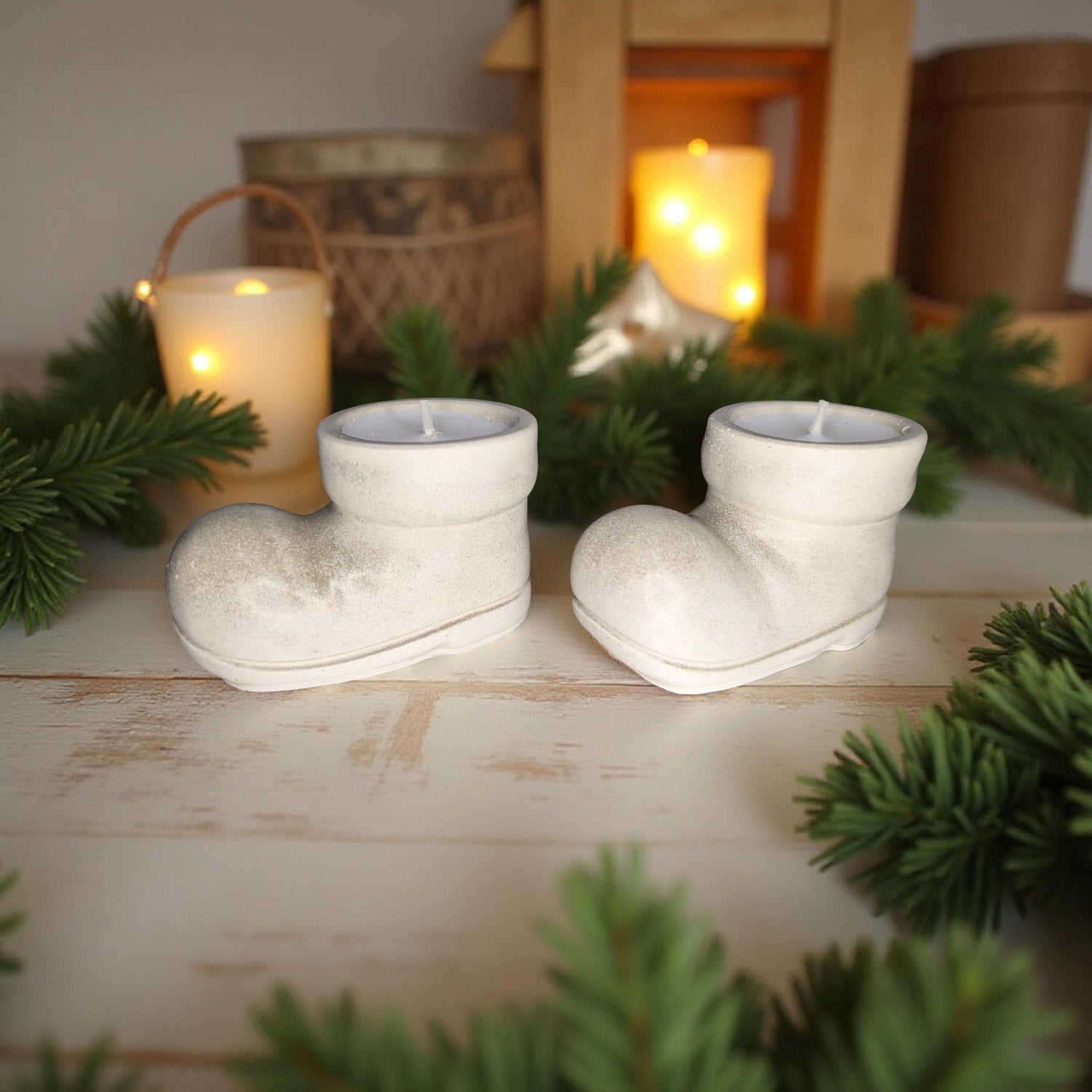 Concrete Santa Boot Tea Light Holders (Set of 2) - Christmas Decor