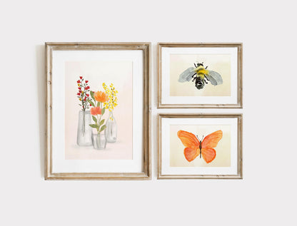 Apricot Peony Watercolor Art Print: Wildflowers in Vase