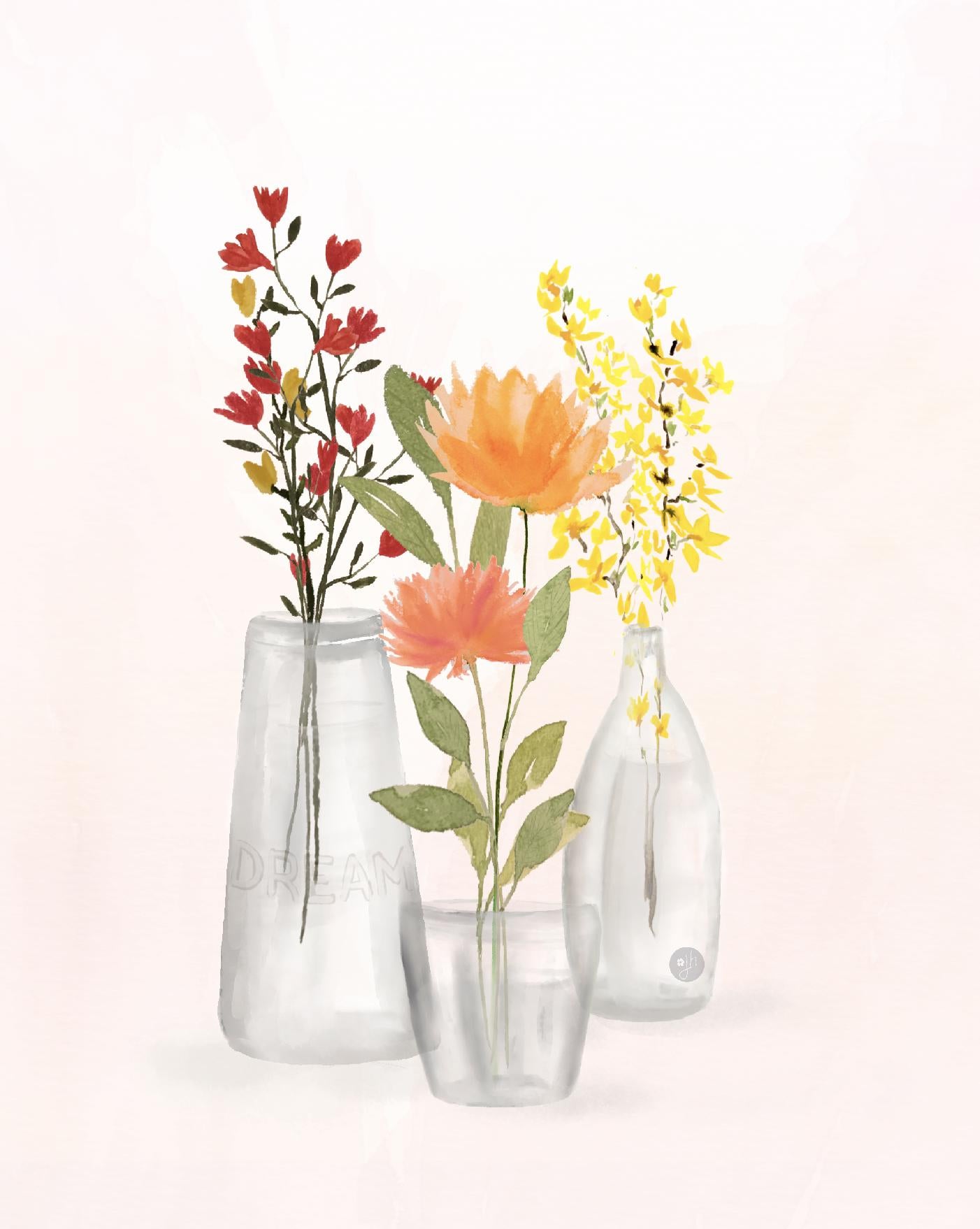 Apricot Peony Watercolor Art Print: Wildflowers in Vase