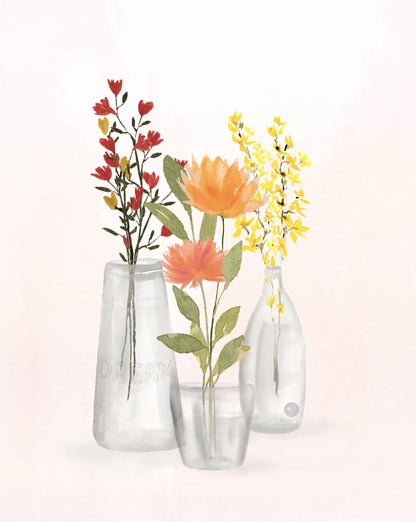 Apricot Peony Watercolor Art Print: Wildflowers in Vase