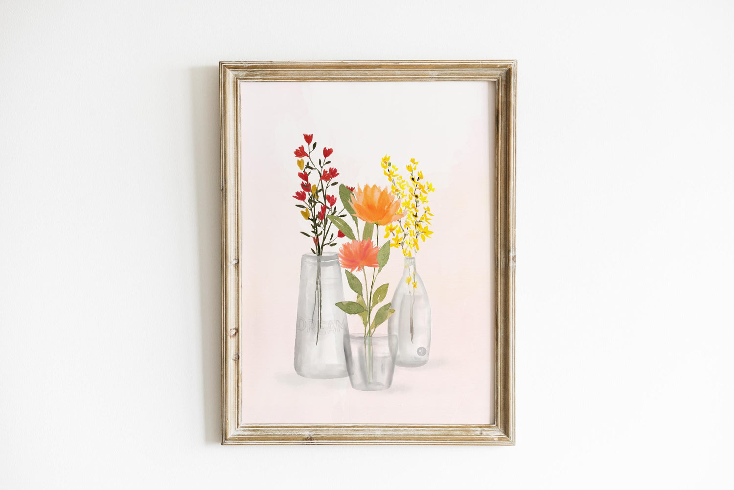 Apricot Peony Watercolor Art Print: Wildflowers in Vase