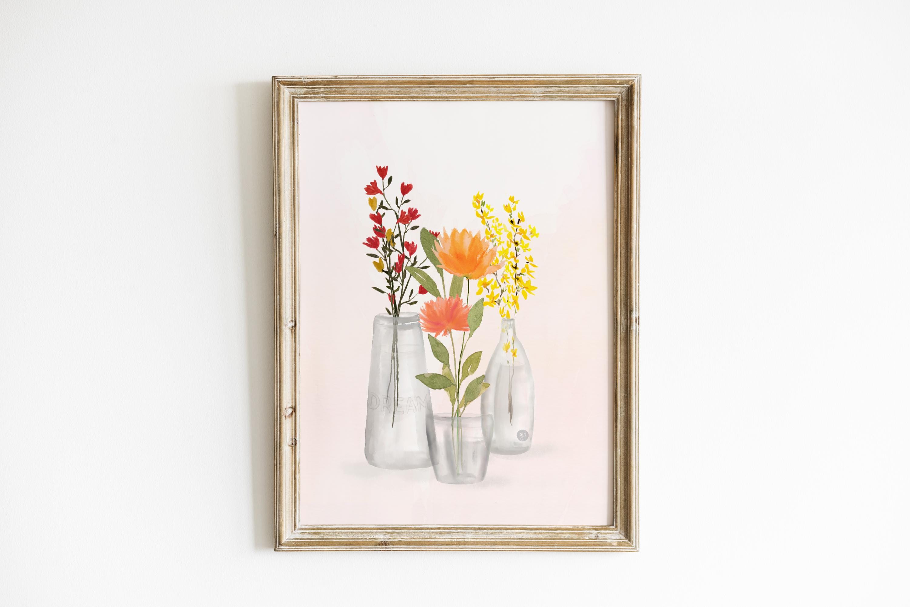 Apricot Peony Watercolor Art Print: Wildflowers in Vase