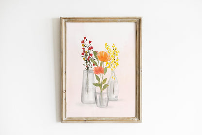 Apricot Peony Watercolor Art Print: Wildflowers in Vase