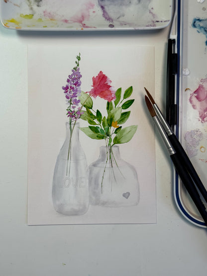 Pink Carnation Watercolor Art Print: Floral Vase Painting