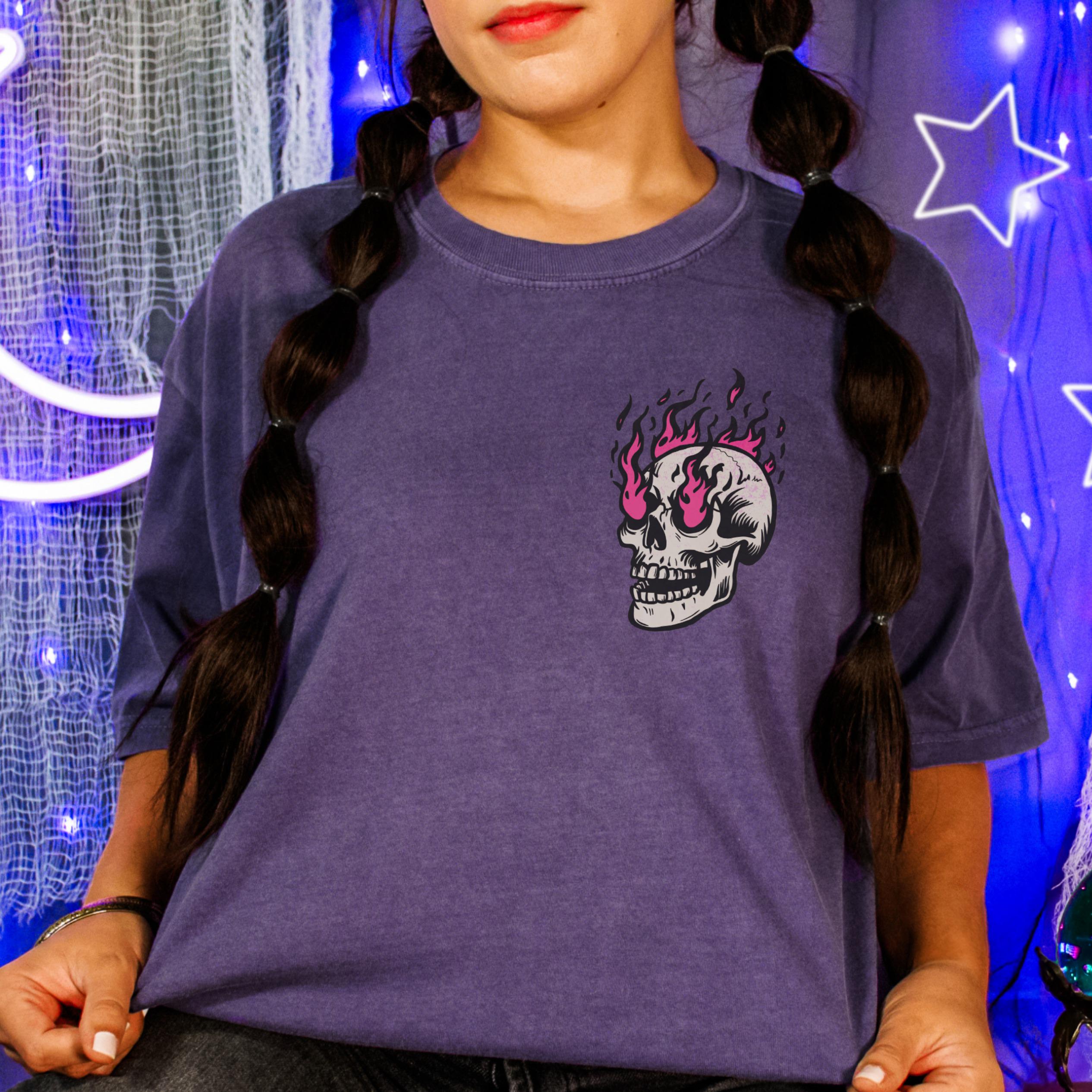 Skull graphic t-shirt, purple tee with flaming skull design, trendy casual wear, unique gothic clothing, unisex fashion