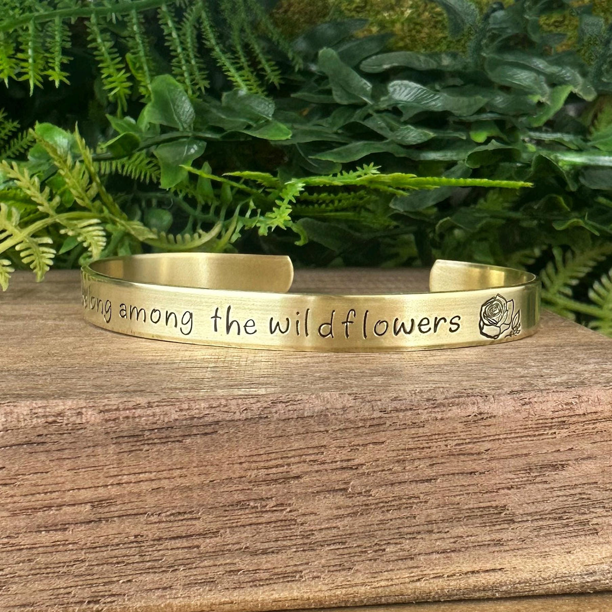 Hand Stamped Wildflower Cuff Bracelet: Aluminum, Brass, or Copper