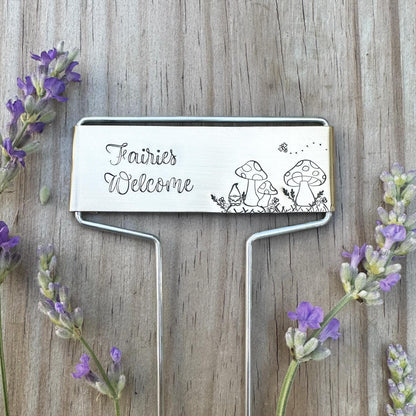 Hand Stamped Fairies Welcome Garden Marker: Brass or Copper