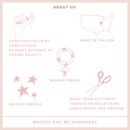 May include: A light pink graphic with text that reads &amp;quot;ABOUT US&amp;quot;. The image includes illustrations of a hand sewing, a map of the USA, a female symbol, scissors, and stars. Text includes &amp;quot;Handcrafted in my home studio&amp;quot;, &amp;quot;Made in the USA&amp;quot;, &amp;quot;Woman owned&amp;quot;, and &amp;quot;Unique fabrics&amp;quot;.