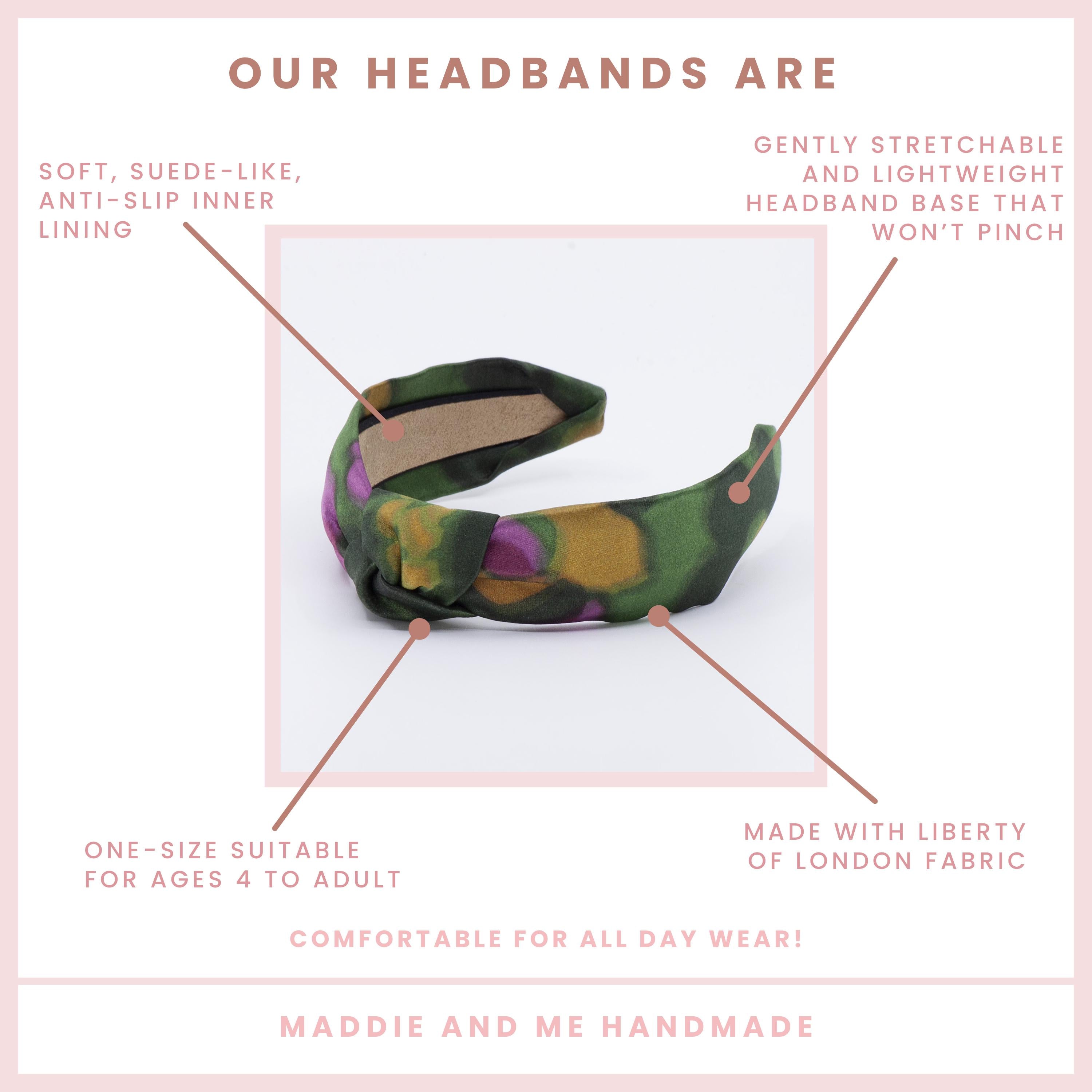 May include: A green and purple headband with a knotted design. The text on the image says &amp;quot;OUR HEADBANDS ARE&amp;quot; and &amp;quot;SOFT, SUEDE-LIKE, ANTI-SLIP INNER LINING&amp;quot;. The headband is made with European linen fabric and is one-size suitable for ages 4 to adult.