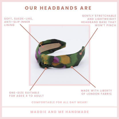 May include: A green and purple headband with a knotted design. The text on the image says &amp;quot;OUR HEADBANDS ARE&amp;quot; and &amp;quot;SOFT, SUEDE-LIKE, ANTI-SLIP INNER LINING&amp;quot;. The headband is made with European linen fabric and is one-size suitable for ages 4 to adult.