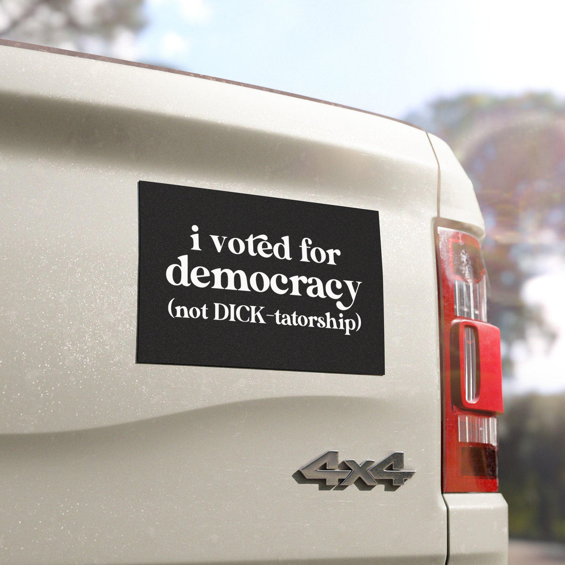 bumper sticker magnet that reads &amp;quot;I voted for democracy (not DICK-tatorship)&amp;quot;.  black background with white modern lettering.